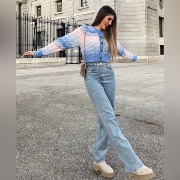 Zara Chunky Cable Knit Wool Alpaca Blend Cropped Cardigan Blue & Pink Large NEW - Picture 2 of 8